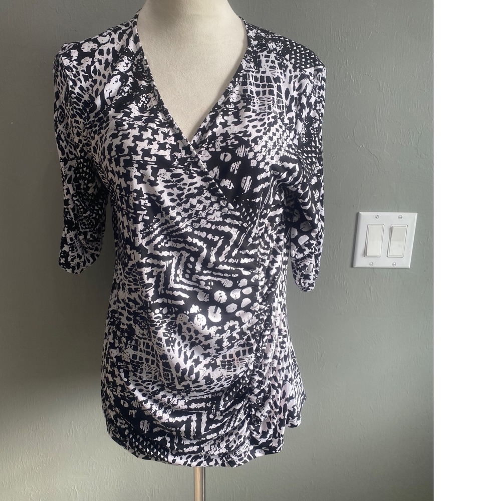 Style & Co Womens‎ Black White Abstract Geometric Wrap Top V-Neck Ruching Large
